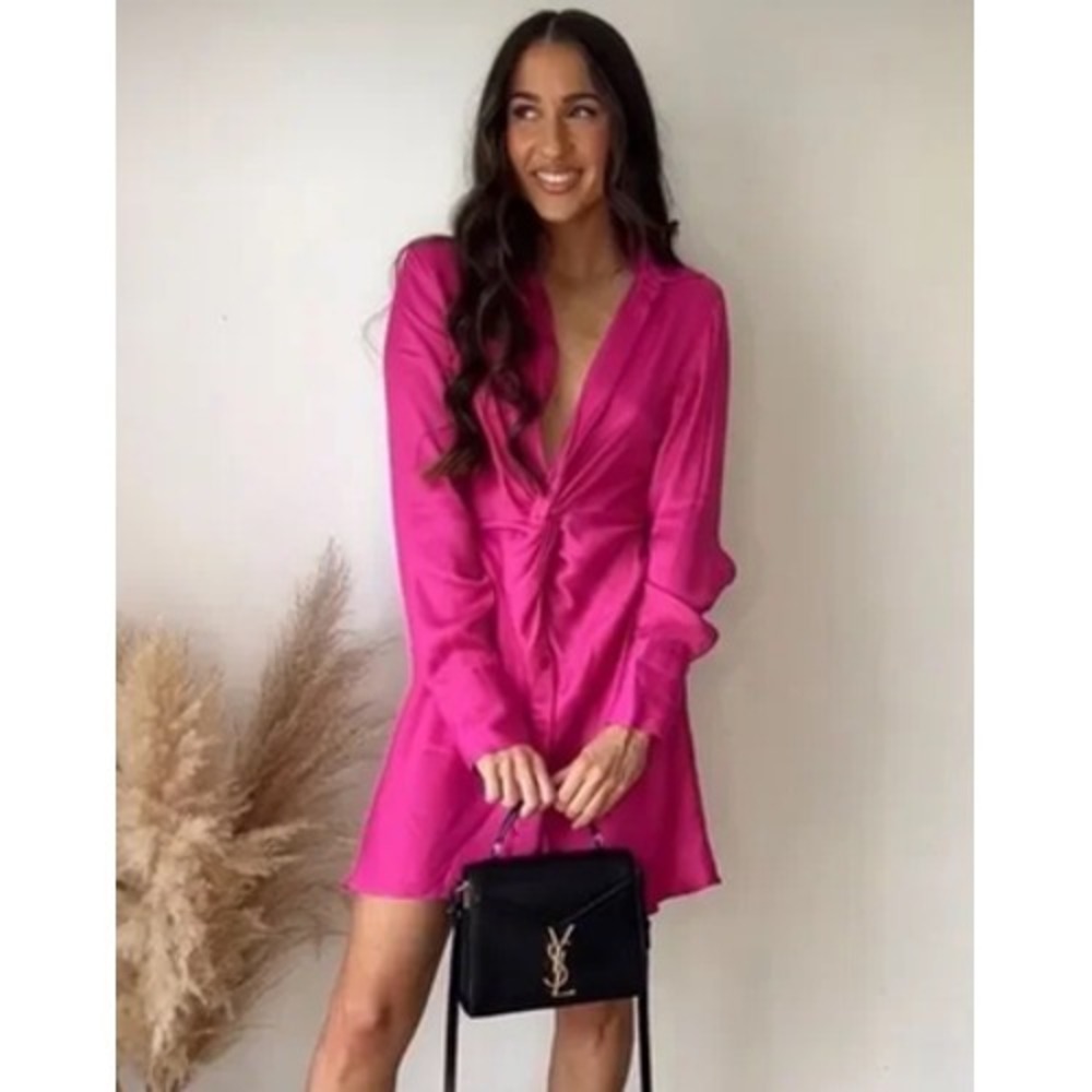 Zara‎ Dress Womens 2XL Pink Satin Ruched Twist Front Shirt Mini Party Cocktail